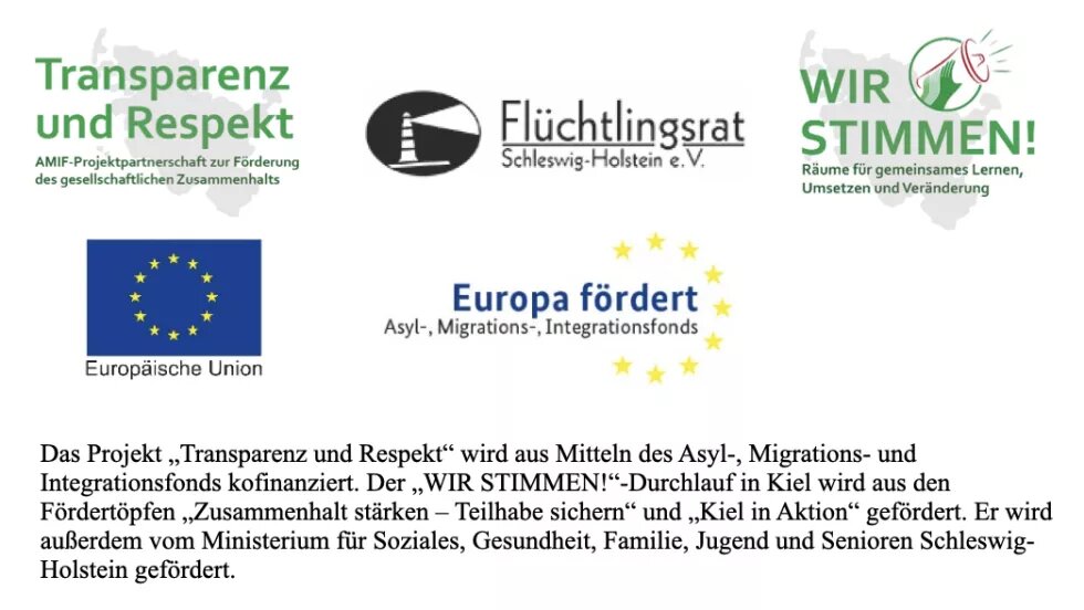 Auflistung der Projektpartner*innen WIR STIMMEN!: Transparenz und Respekt, Wir Stimmen!, Flüchtlingsrat SH, Europäische Union, Europa fördert