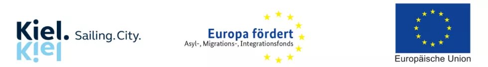 Logos von Kiel.Sailing.City, Europa fördert – Asyl-, Migrations-, Integrationsfonds, Europäische Union