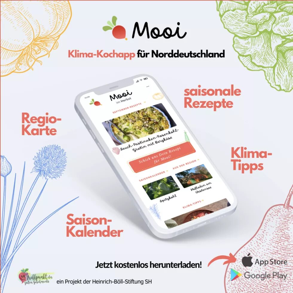 In der Mitte ist ein Smartphone, auf dem die Mooi-App abgebildet ist. Drumherum steht saisonale Rzepte, Klima-Tipps, Saison-Kalender, Regiokarte.