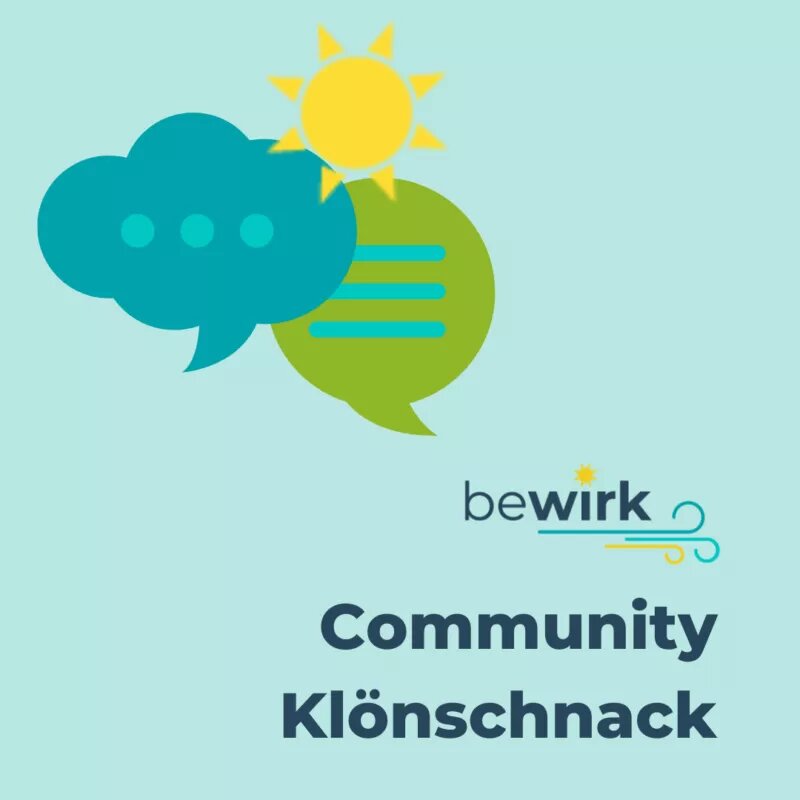 Oben sind eine Sonne und Sprechblasen. Darunter steht bewirk Community Klönschnack.