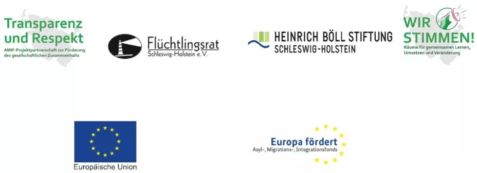 Logos von Transparenz und Respekt, Flüchtlingsrat SH, Heinrich-Böll-Stiftung Schleswig-Holstein SH, Wir Stimmen, Europäische Union, Europa fördert!