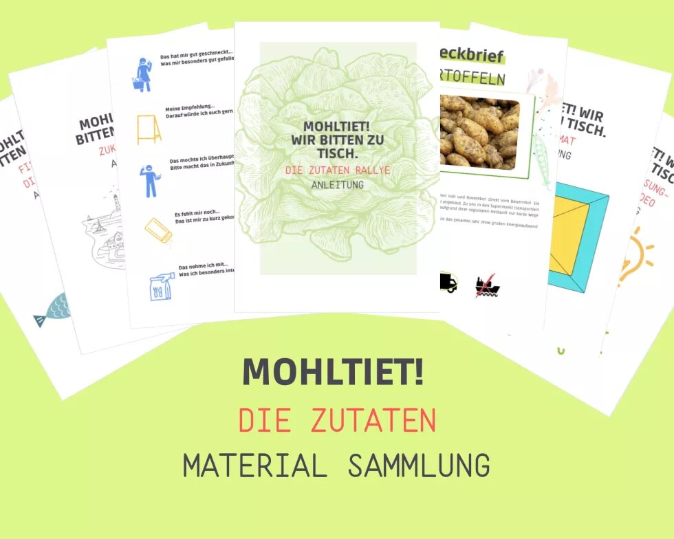 Aus den Bildungsmaterialien Mohltiet! die Zutaten sind einzelne Seitenauszüge zu sehen. Sie sind aus der Bildungsreihe Mohltiet! Wir bitten zu Tisch" vom Treffpunkt des guten Geschmacks entstanden.