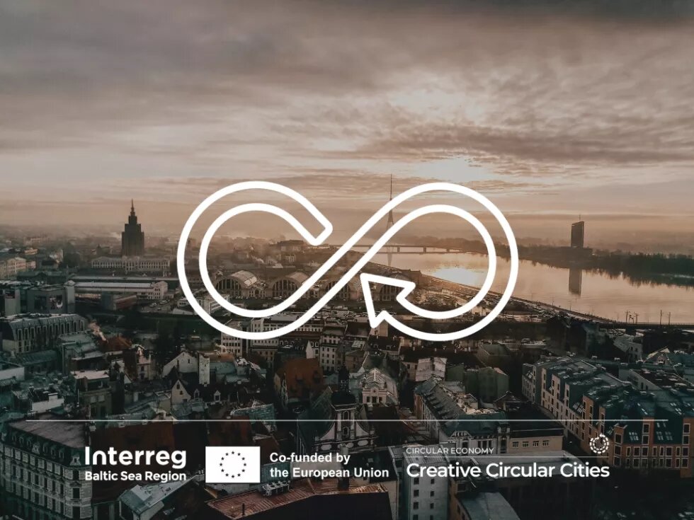 Im Hintergrund ist eine Stadt von oben in der Abenddämmerung zu sehen. Darüber ist ein Symbol gezeichnet, das Kreislauf symbolisiert. Unten sind die Logos von Interreg BSR, Creative Circular Cities und die EU-Flagge.